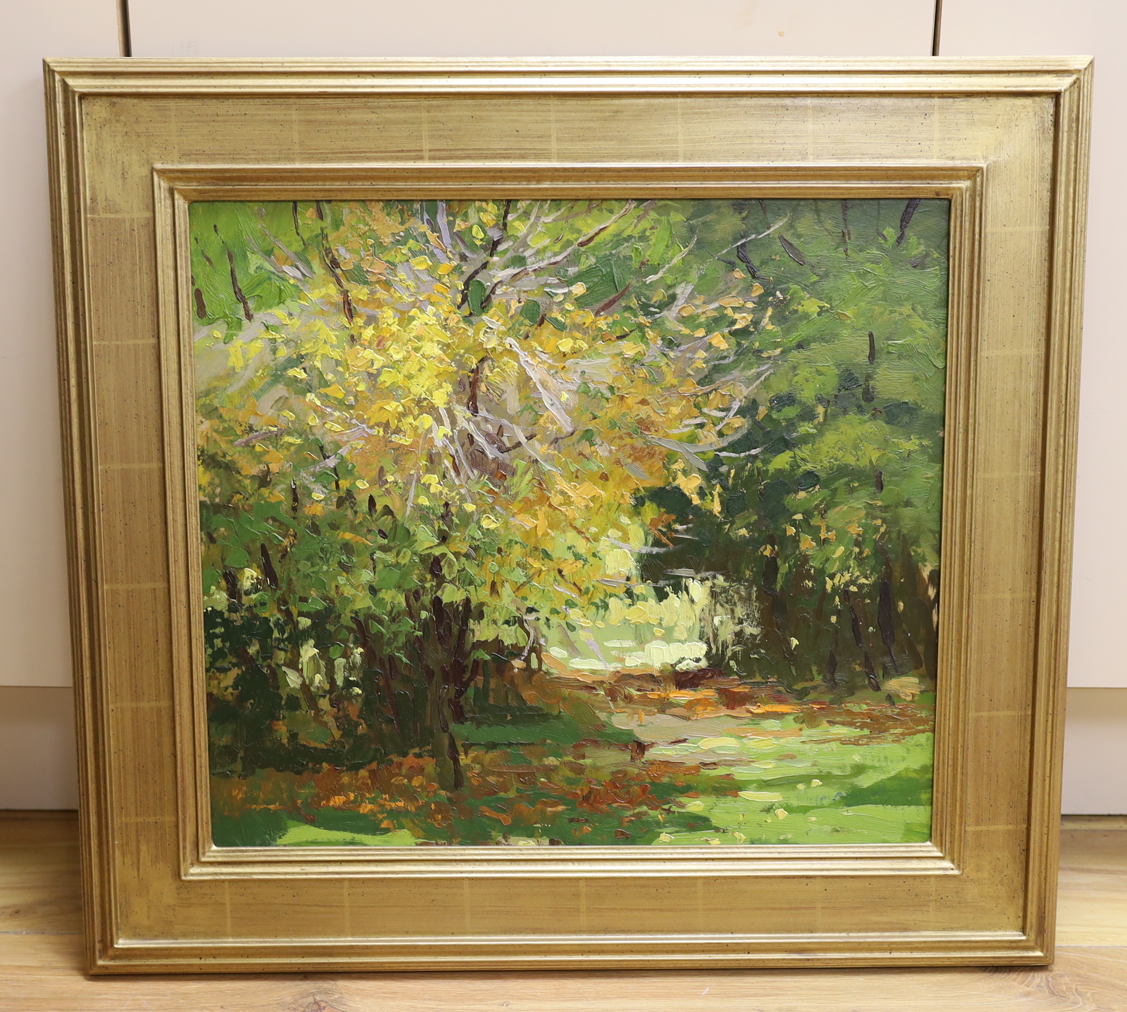 Ura Misuraev (Russian, b.1987), impressionist oil on board, 'Autumn 2004', details verso, 41 x 46cm